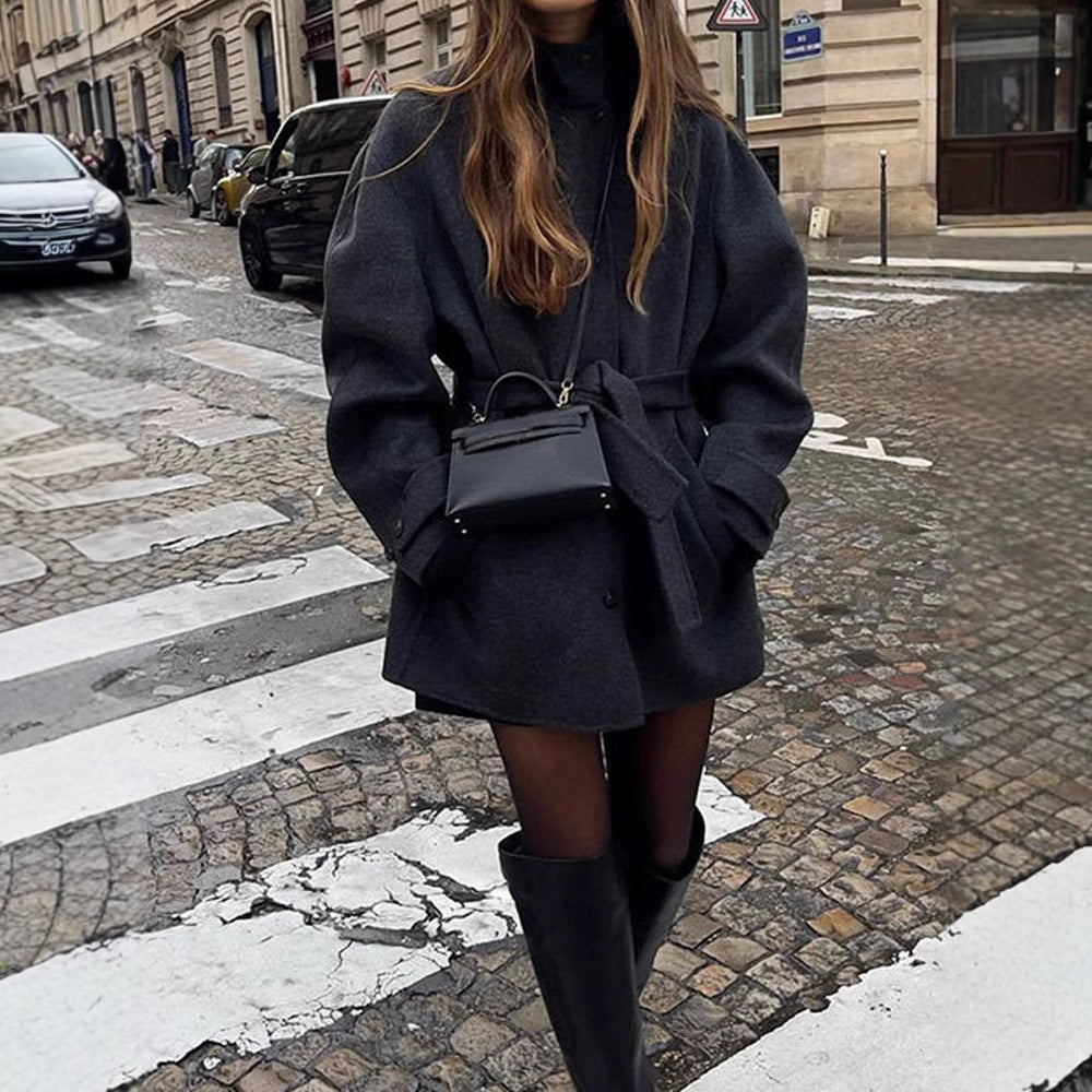 Women’s Belted Half-Turtleneck Wool Coat – Solid Color Elegant Outerwear | Timeless Luxury Design