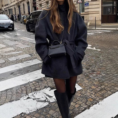 Women’s Belted Half-Turtleneck Wool Coat – Solid Color Elegant Outerwear | Timeless Luxury Design