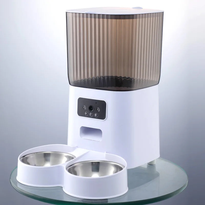 Smart automatic pet feeder with camera, 5L large capacity, and double bowls. App-controlled video feeding with voice recording—perfect for cats and dogs.