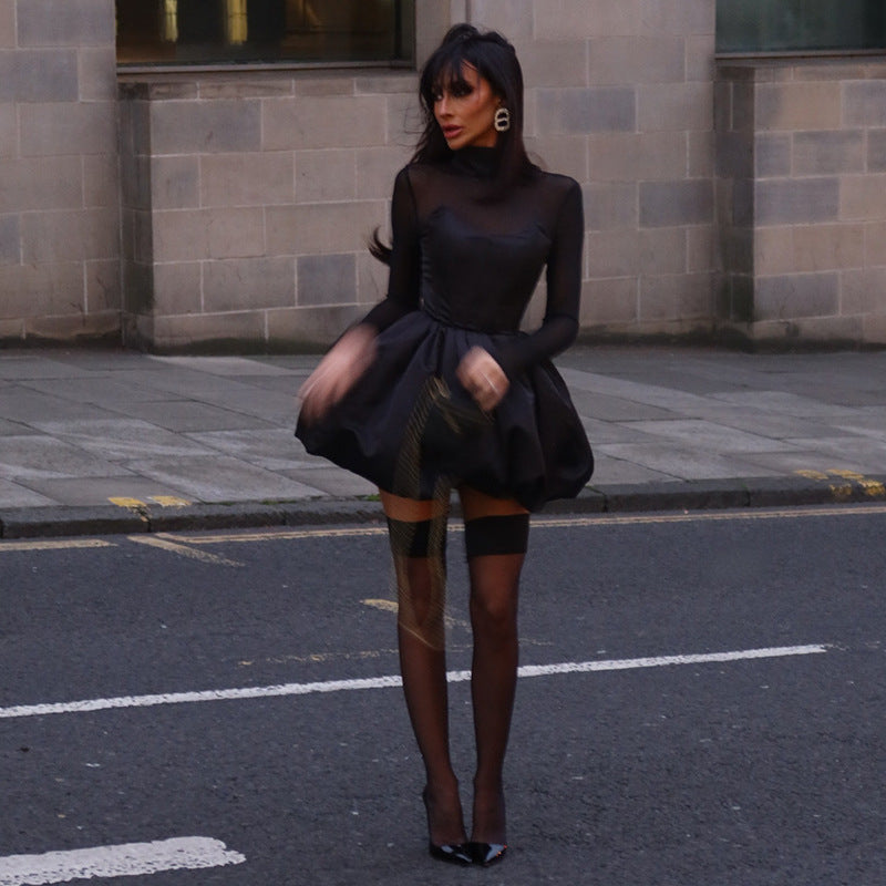 Women's Black Mesh Long Sleeve Mini Dress – High Waist Bubble Hem Sexy Dress