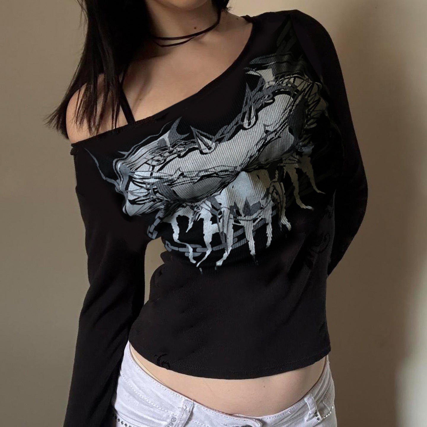 Women's Off Shoulder Oblique Collar Long Sleeve Shirt – Subculture Print Polyester Top