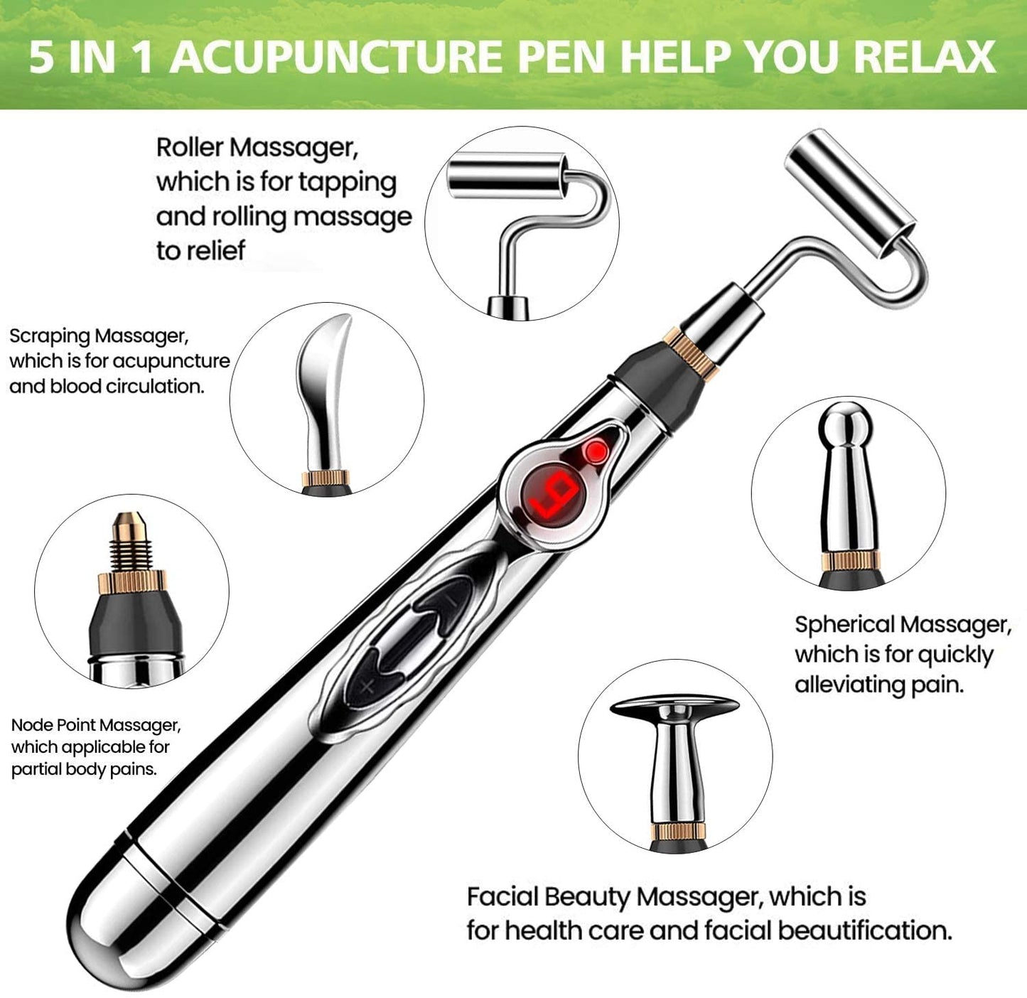 Zarusky™ 5-in-1 Electronic Acupuncture Pen – Meridian Energy Pain Relief Massage Tool with 5 Therapy Heads