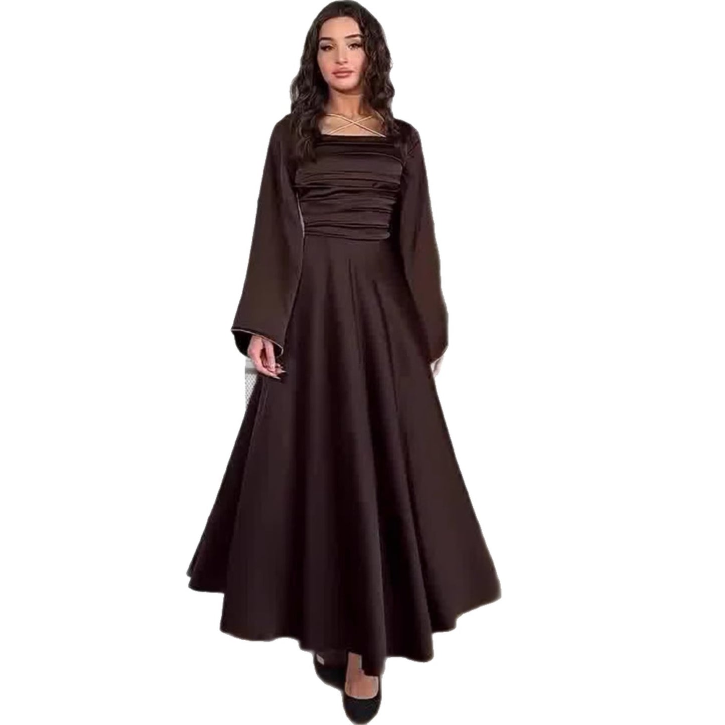 Women's Square Neck Tie Waist Fitted Long Sleeve Satin Dress – Blue, Dark Red & Coffee