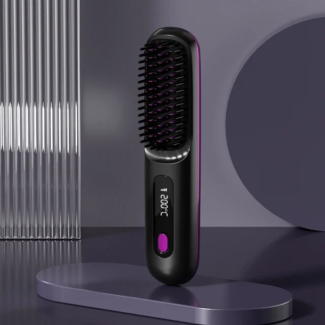 Cordless hair straightener comb with digital adjustable temperature. Safe, easy to use, and perfect for smooth styling at home or while traveling.