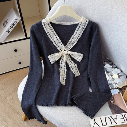 V-Neck Knit Sweater with Bow Detail - Flared Sleeve Pullover
