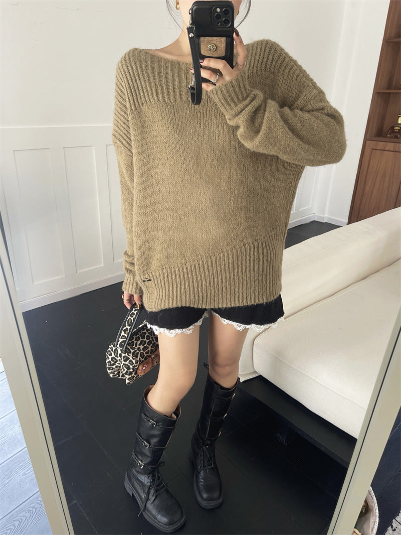 Zarusky Off Shoulder Loose Knit Sweater – Ripped Slanted Collar High-End Top