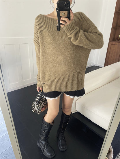 Zarusky Off Shoulder Loose Knit Sweater – Ripped Slanted Collar High-End Top
