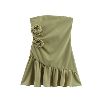 Women's Floral Detail Strapless Slim Fit Mini Dress | Olive