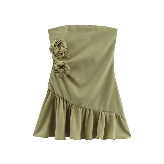 Women's Floral Detail Strapless Slim Fit Mini Dress | Olive