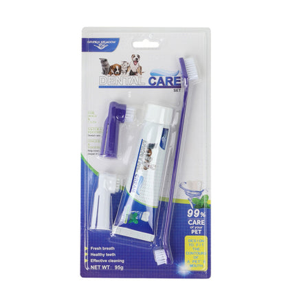 Complete pet dental care set with toothpaste, toothbrush, and finger brush. Gently cleans teeth, reduces plaque, and keeps dog and cat breath fresh.