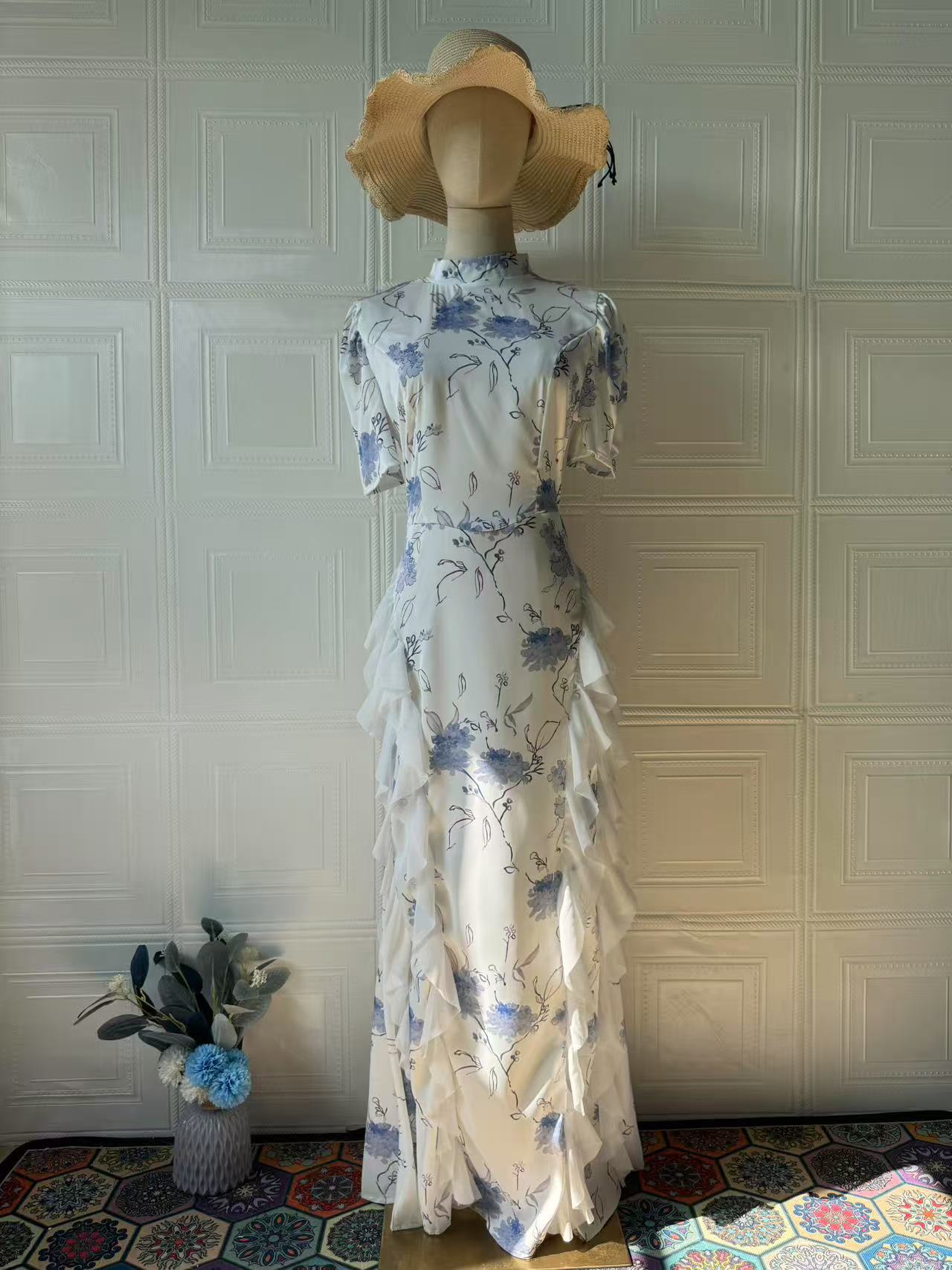 Women's Vintage Floral Short Sleeve Fitted Maxi Dress – Literary High Neck Long Dress