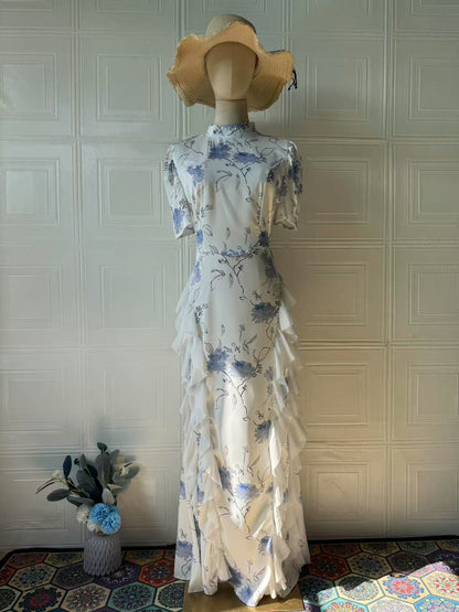 Women's Vintage Floral Short Sleeve Fitted Maxi Dress – Literary High Neck Long Dress
