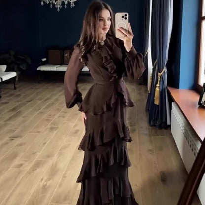 Waist Cinching Mermaid Maxi Dress – Lantern Sleeve Stand Collar Women’s Long Dress | 5 Colors