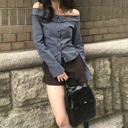 Women's Off Shoulder One-Word Collar Long Sleeve Pleated Top – Slim Fit Polyester Blouse