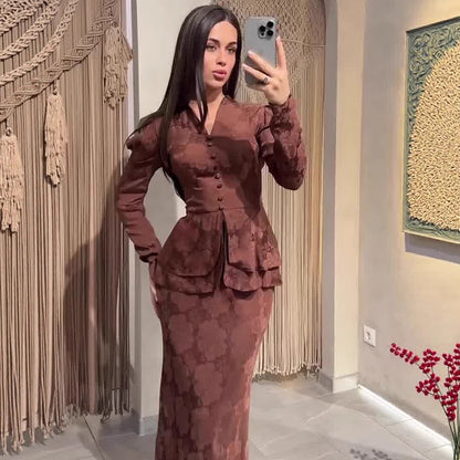 Women's Literary Retro Floral V-Neck Long Sleeve Fitted Maxi Dress – Dark Brown