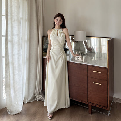 Hanging Neck Satin French Minimalist Elegant Long Skirt - Apricot Midi Dress