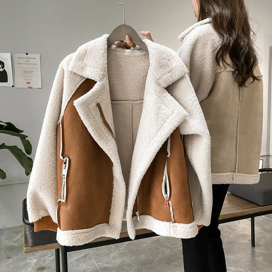 ✨ Luxury Suede Faux Fur Biker Jacket for Women | Premium Lamb Wool Short Coat – Zarusky Store