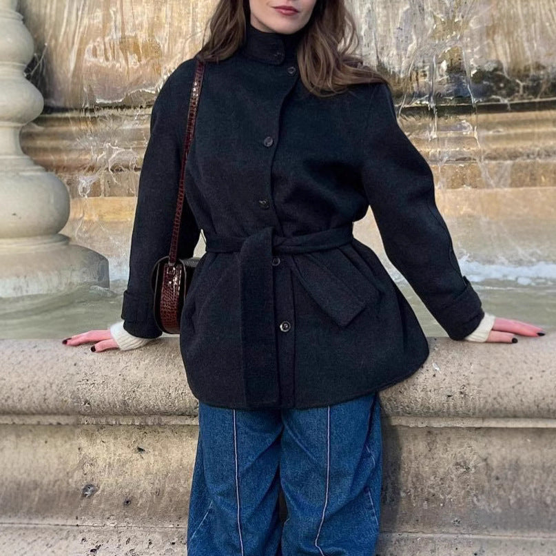 Women’s Belted Half-Turtleneck Wool Coat – Solid Color Elegant Outerwear | Timeless Luxury Design