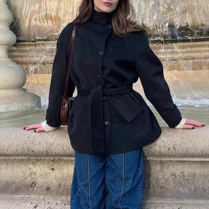 Women’s Belted Half-Turtleneck Wool Coat – Solid Color Elegant Outerwear | Timeless Luxury Design