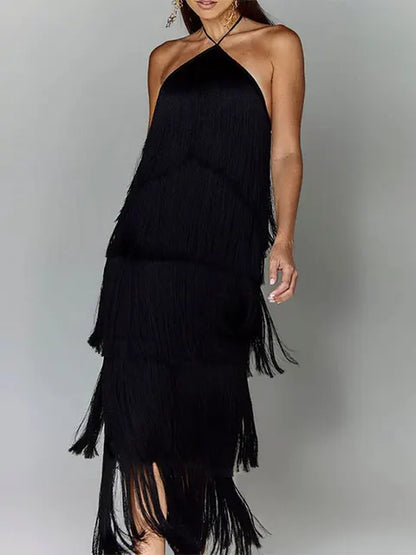 Robe longue à glands de couleur métallisée à licou tendance - Robe ajustée sans manches dos nu à lacets