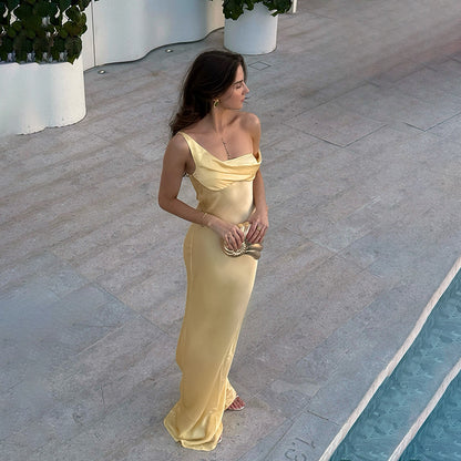 Solid Color Camisole Satin Vacation Style Long Skirt - Summer Maxi Dress