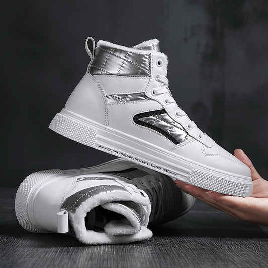 Winter Men Shoes High-Top Walking Shoes - White Cotton Casual Canvas Height Increasing Shoes