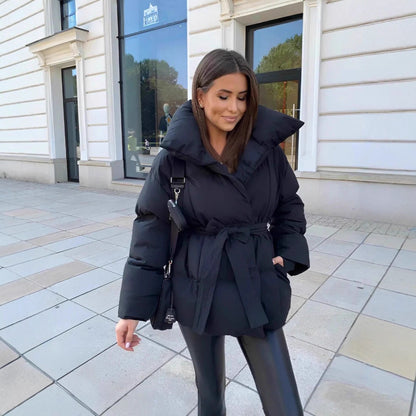 Women’s Long Sleeve Cotton Coat with Waist Tie – Loose Fit Solid Color Outerwear, Minimalist & Elegant Style