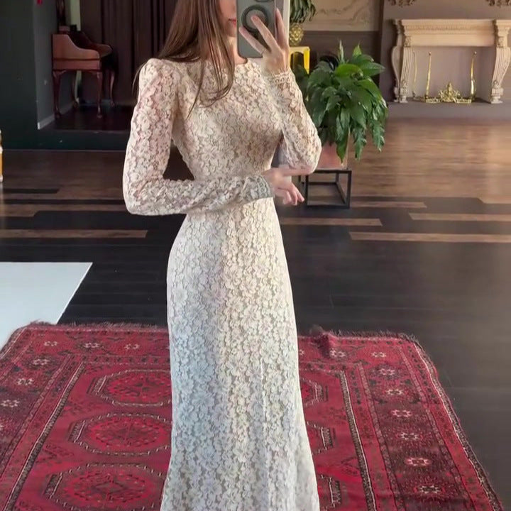 Elegant Long Sleeve Fitted Maxi Dress – High Waist Solid Color Women’s Autumn Fashion