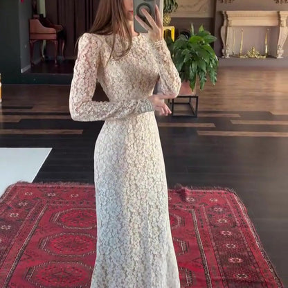 Elegant Long Sleeve Fitted Maxi Dress – High Waist Solid Color Women’s Autumn Fashion