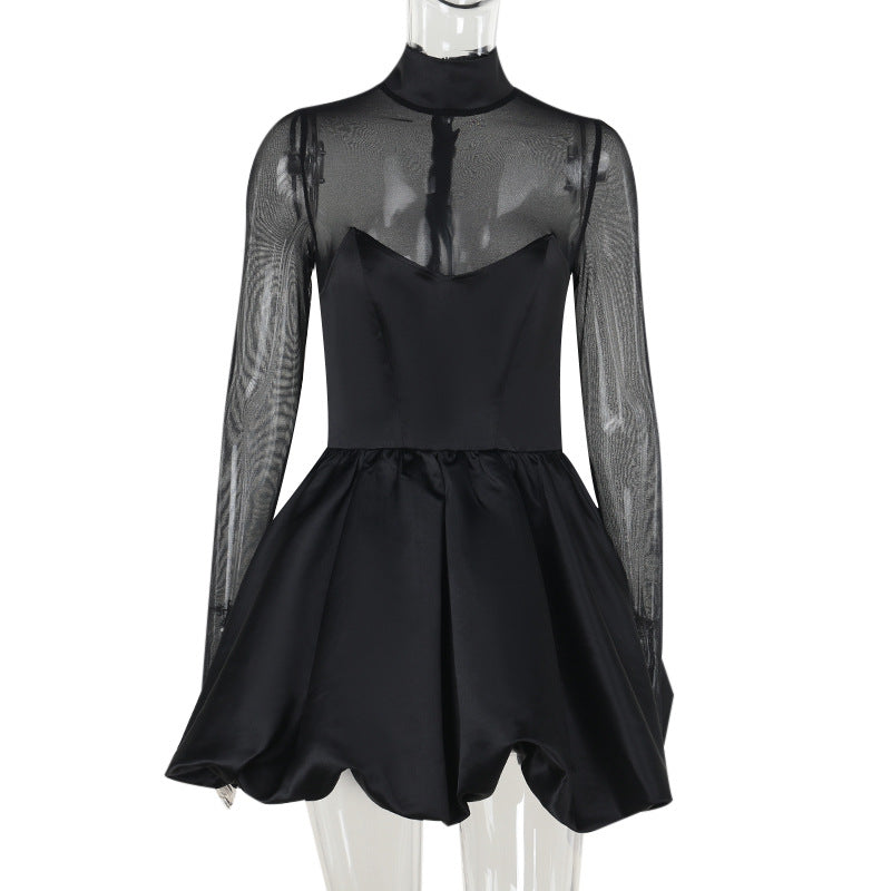 Women's Black Mesh Long Sleeve Mini Dress – High Waist Bubble Hem Sexy Dress