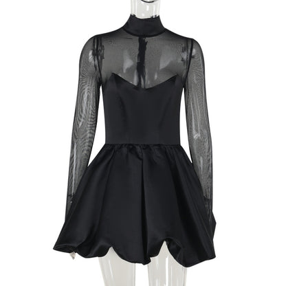 Women's Black Mesh Long Sleeve Mini Dress – High Waist Bubble Hem Sexy Dress