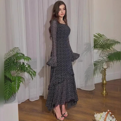 Polka Dot Ruffle Lantern Sleeve Maxi Dress – Elegant Chiffon Patchwork Women’s Spring Dress