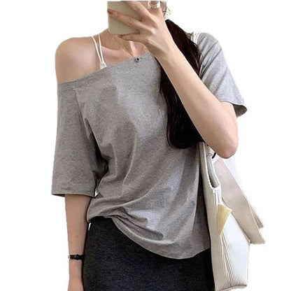 Women's Off Shoulder Oblique Collar Loose Short Sleeve Top – Casual Solid Polyester Blouse