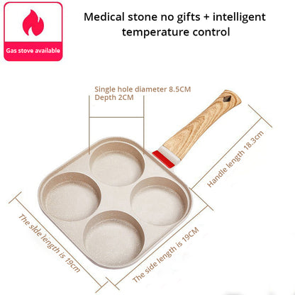 Non-stick four-hole breakfast pan for frying eggs, pancakes, and burger toppings evenly. Perfect for quick, mess-free home cooking.