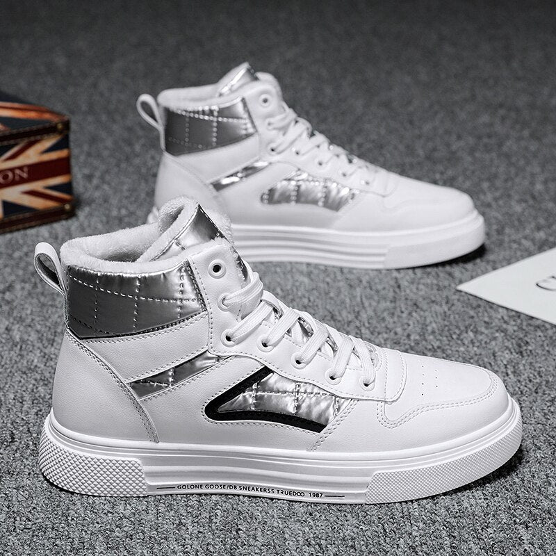 Winter Men Shoes High-Top Walking Shoes - White Cotton Casual Canvas Height Increasing Shoes