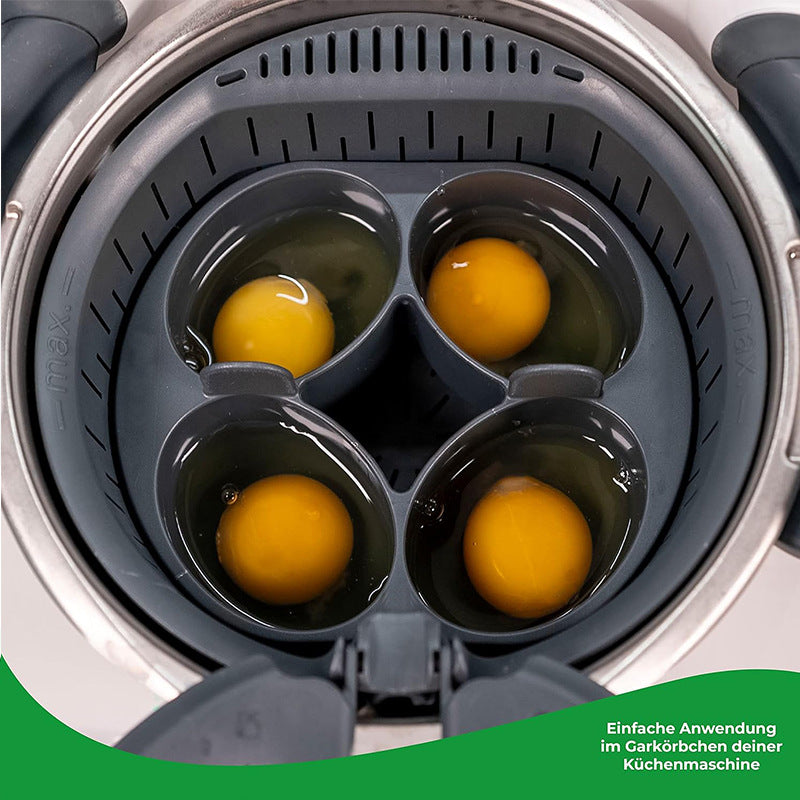 Multifunctional food-grade silicone egg mold and steam basket accessory for Thermomix TM5 and TM6. Ideal for steaming eggs, pastries, and healthy home cooking.