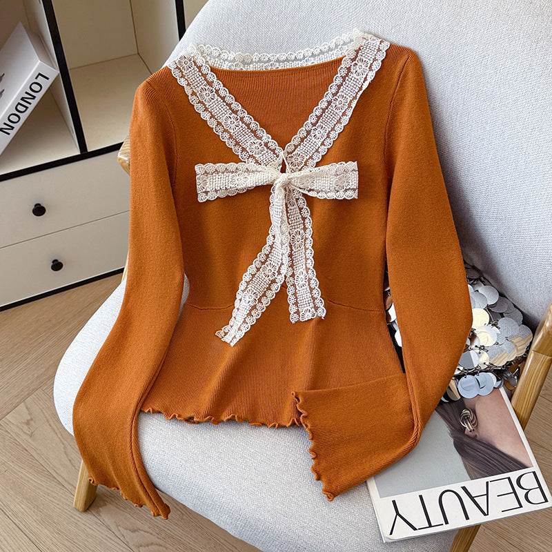 V-Neck Knit Sweater with Bow Detail - Flared Sleeve Pullover