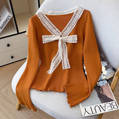 V-Neck Knit Sweater with Bow Detail - Flared Sleeve Pullover
