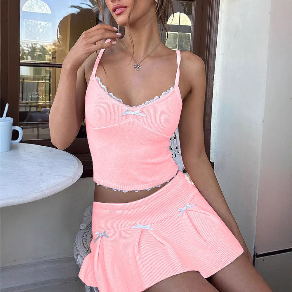 Pink Lace Trim Cami Top & Mini Skirt Set - Girly Style