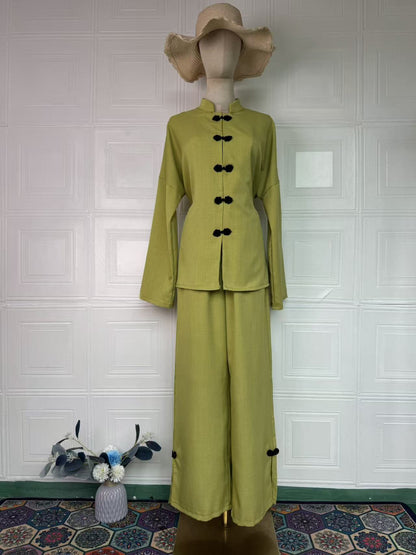 Women's Vintage Long Sleeve Loose Two-Piece Set – Dress & Long Pants, 5 Colors