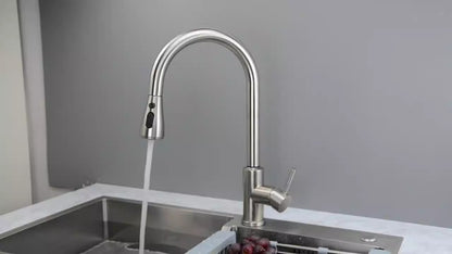 Durable 304 stainless steel kitchen faucet with hot and cold water control. Pull-out design for easy washing, rinsing, and everyday kitchen use.