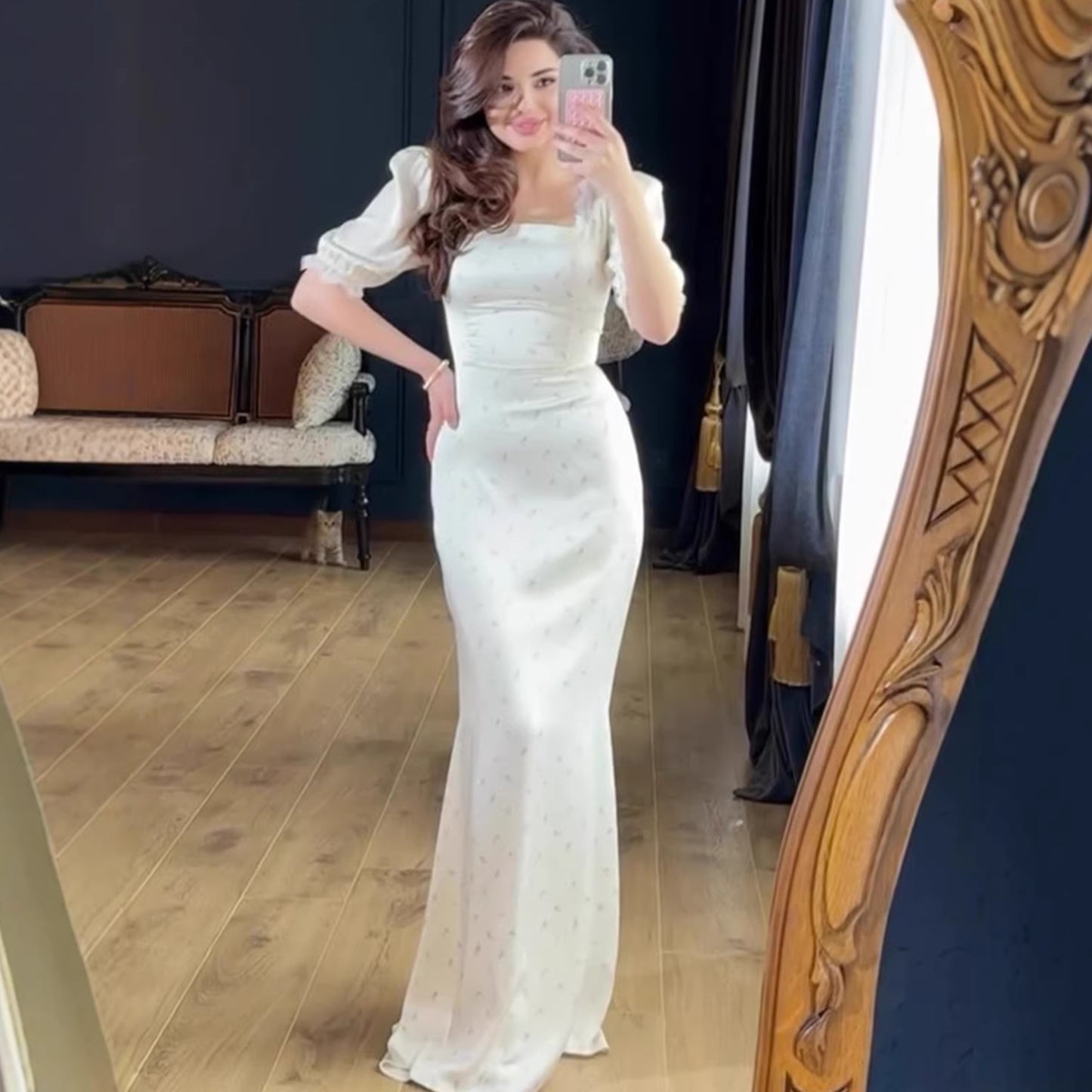 Elegant 3D Print Long Sleeve Maxi Dress – A-Line Belted Lace Trim Women’s Spring Fashion