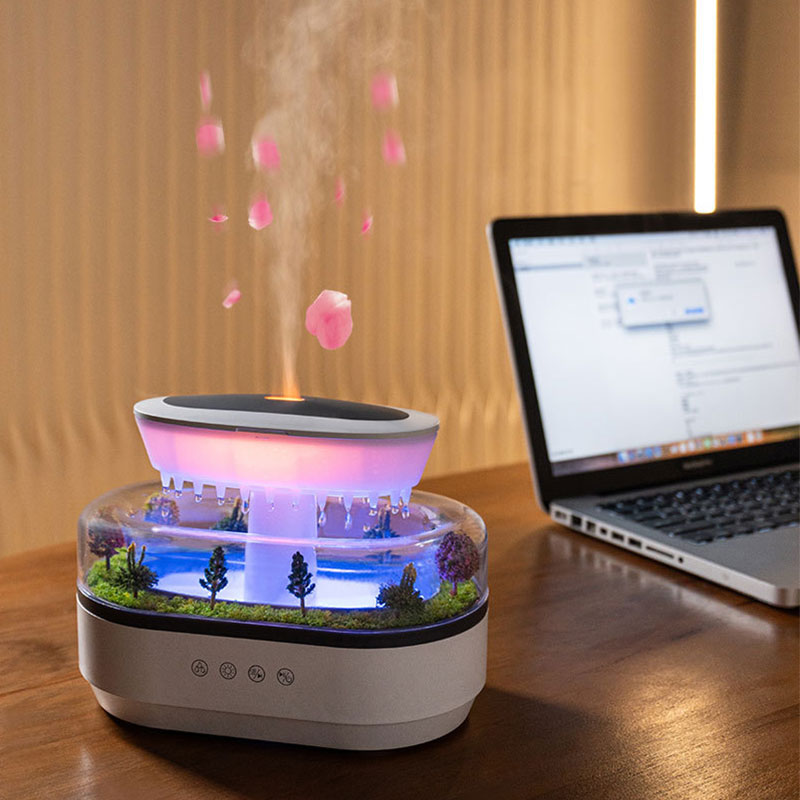 Raindrop-style aroma humidifier with soothing LED lights and white noise. Gently diffuses essential oils to create a calm, relaxing home environment.e.