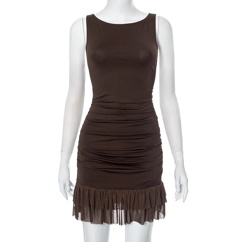 High Waist A-Line Mini Dress - Sleeveless Strapless with Lace Trim
