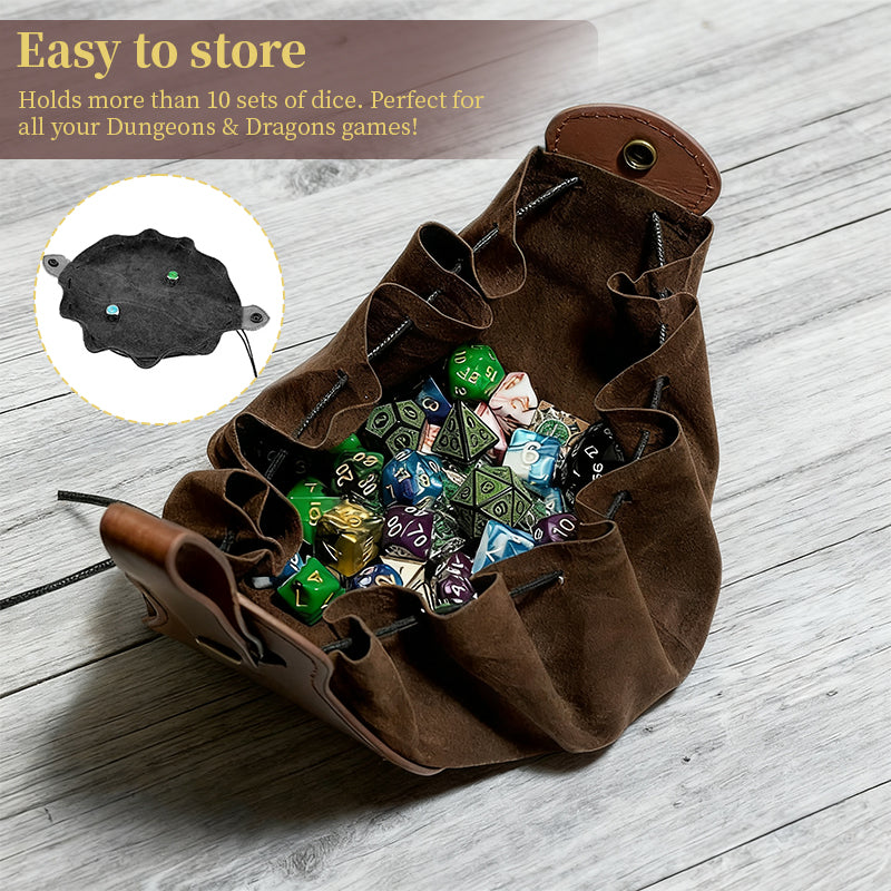 Beautiful 5-Piece Leather DND Dice Tray & Drawstring Pouch Set for RPG Games. A Perfect Gift for Gamers.