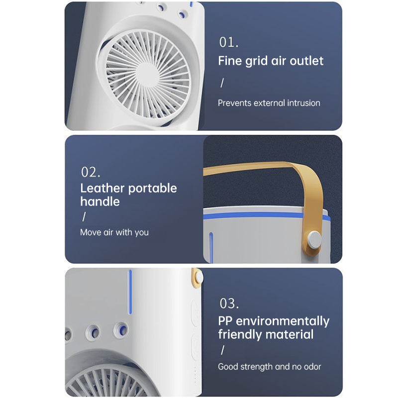 Rechargeable mini fan with spray mist cooling and LED light. Compact, quiet, and refreshing—ideal for desktop, bedroom, and small room ventilation.