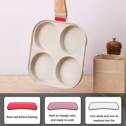 Non-stick four-hole breakfast pan for frying eggs, pancakes, and burger toppings evenly. Perfect for quick, mess-free home cooking.