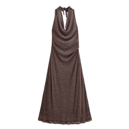 French Backless Metallic Dress - Brown Sleeveless A-Line Long Dress