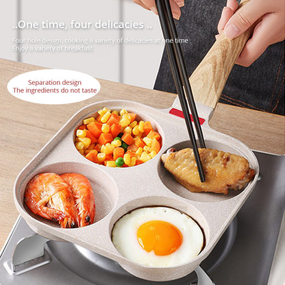 Non-stick four-hole breakfast pan for frying eggs, pancakes, and burger toppings evenly. Perfect for quick, mess-free home cooking.