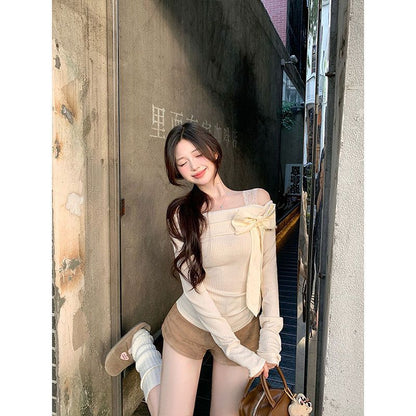 Women's One Shoulder Bow Detail Long Sleeve Fitted Top – Sweet Off Shoulder Pullover